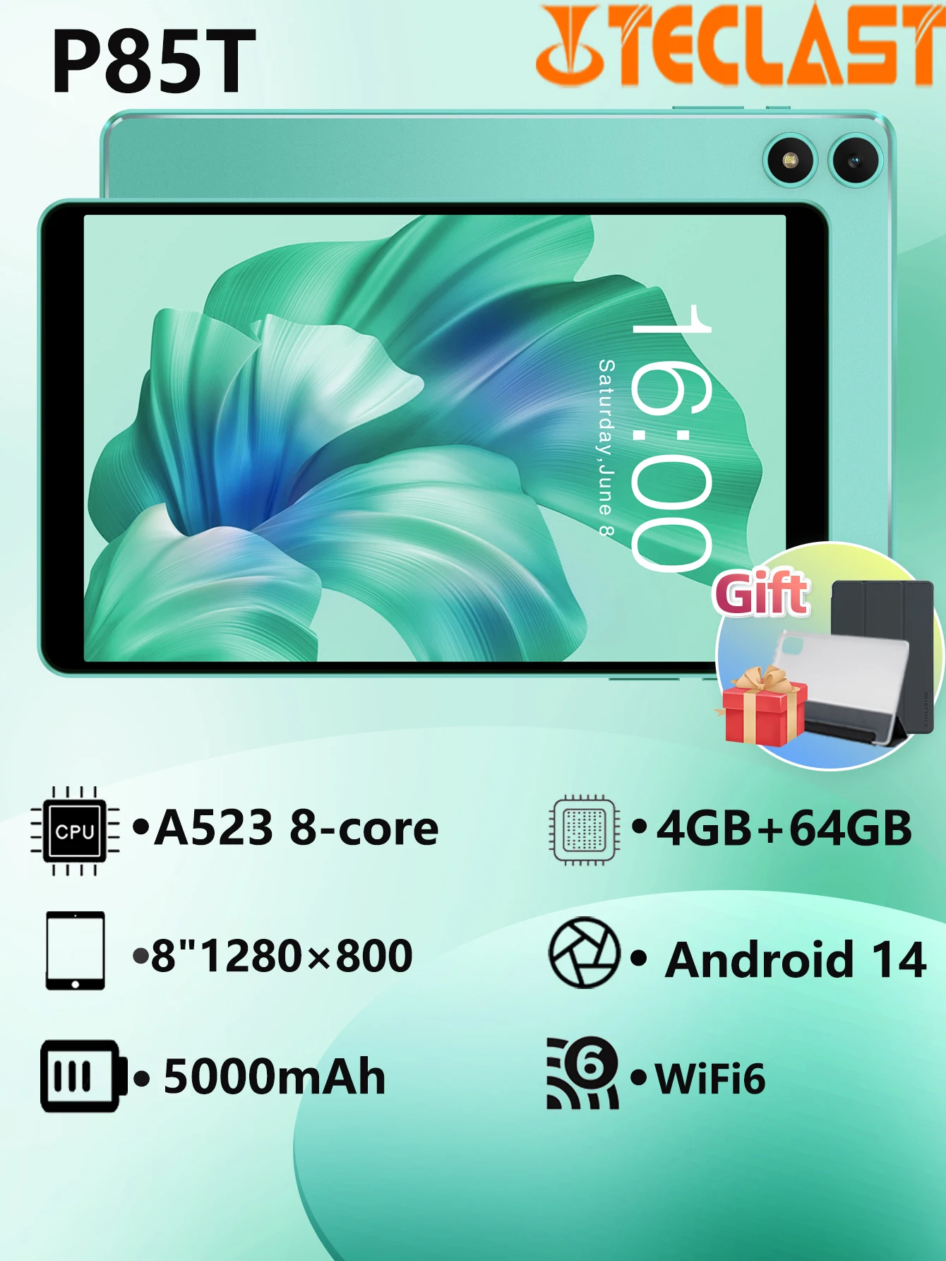 Teclast P85T Tablet Allwinner A523 8-core 1.8GHz/ 4GB RAM/64GB ROM/8 inch 800×1280iPS/WIFI5G/4G/5000mAh/Type-C/0.3MP+2.0MP 1