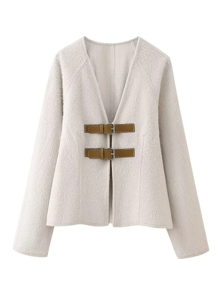 

Куртка женская однотонная с V-образным вырезом, длинным рукавом и пряжкой