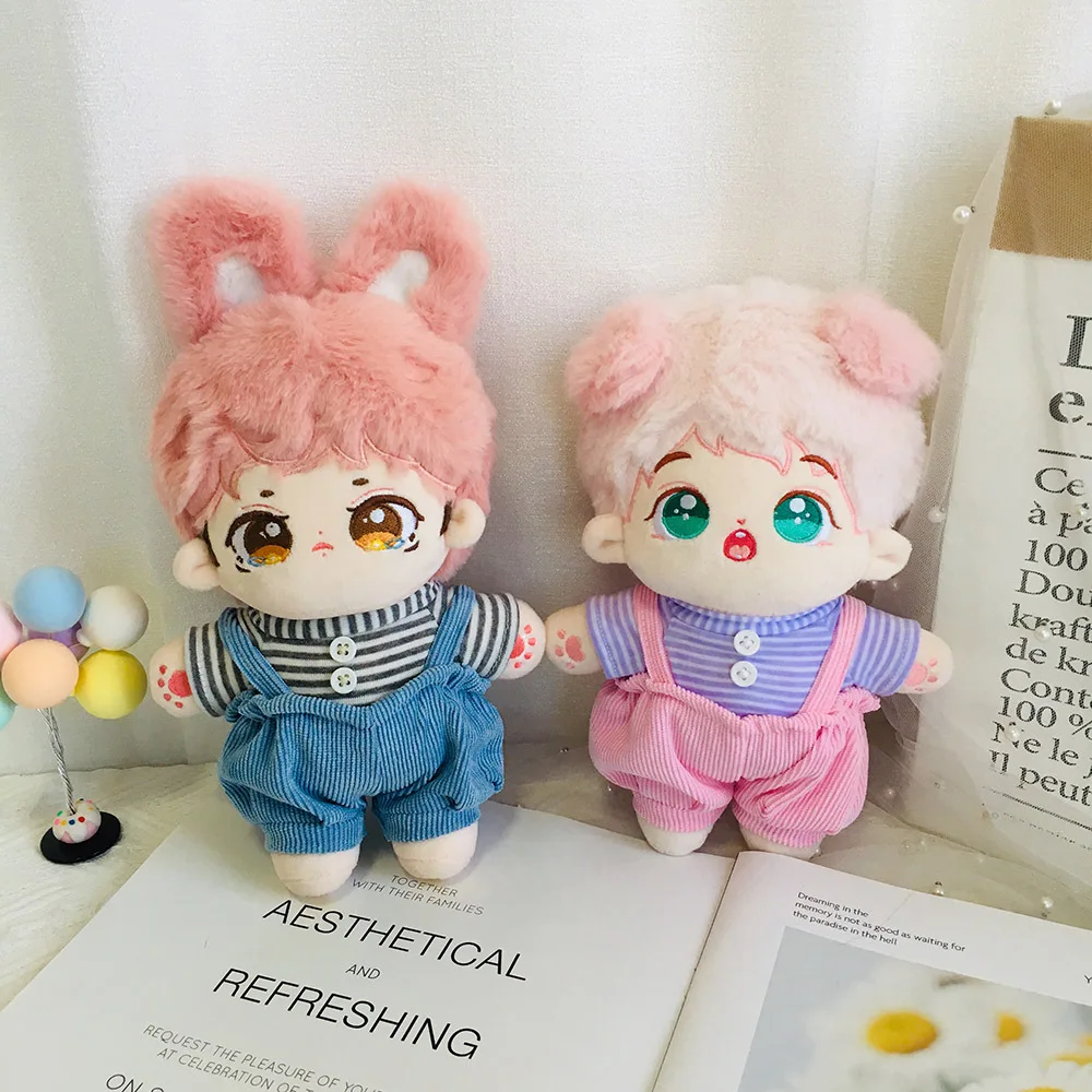 Gray/Purple Striped Shirt + Blue/Pink Overalls 20cm Cotton Doll With/Without Clothes 20cm Star Doll Clothes