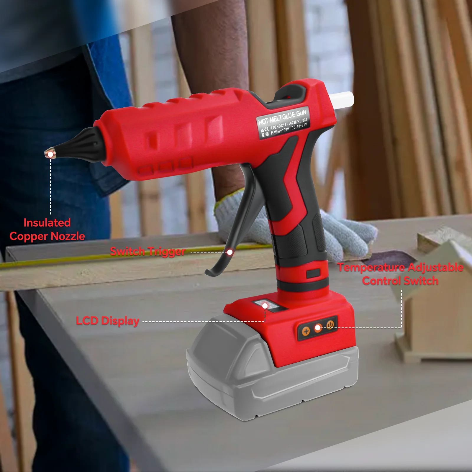 100W Cordless Hot Glue Gun Temp Adjust LCD Digital Display with 10Pcs 11mm Glue