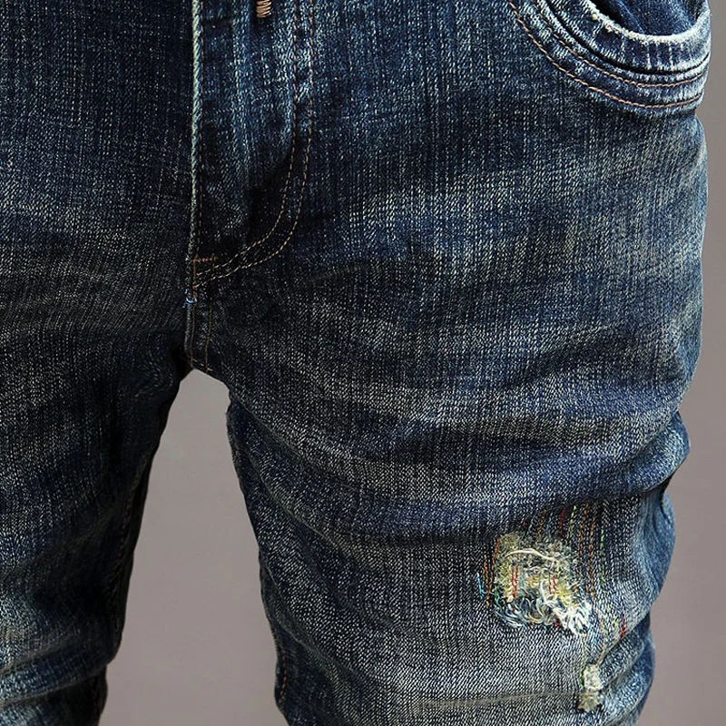 Fashion Designer Men Jeans Retro Black Blue Stretch Elastic Slim Fit Ripped Jeans Men Embroidery Patched Vintage Pants Hombre