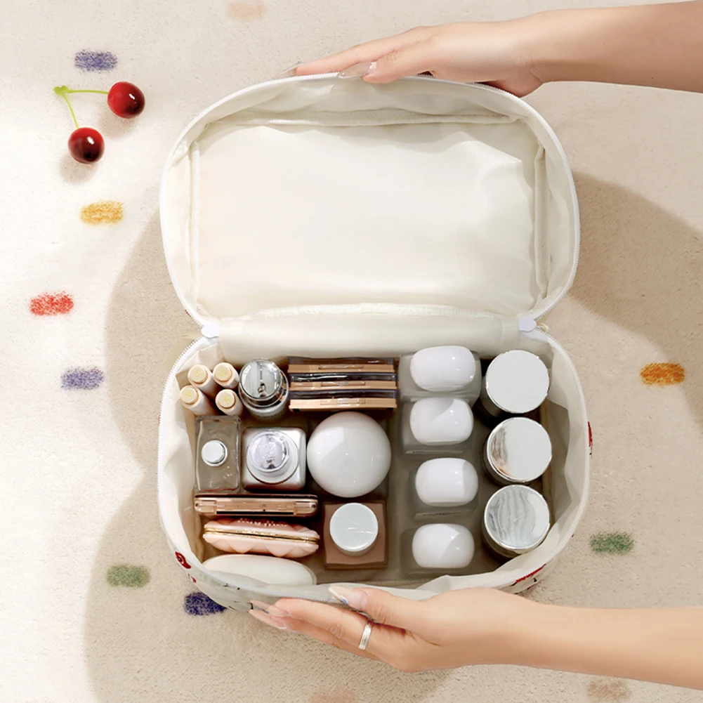 3pcs Aesthetic Cosmetic Organizer Set Quilted Cotton Sweet  Women Makeup Pouch Cherry/Heart Pattern Skincare Clutch Toiletry Bag 5