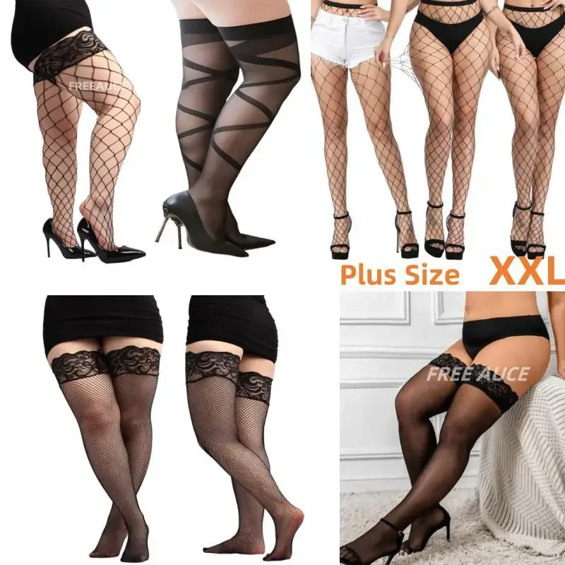 FREEAUCE Women Fishnet Tights Sexy Mesh Nylon Pantyhose Big Size Stockings Female Lady Thin Hollow Plus Size Lingerie