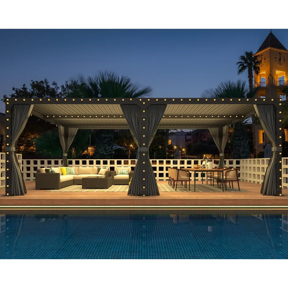 12x24, Aluminum Pergola with Adjustable Louvered Roof, Outdoor Pergola with Waterproof Curtains and Nets, Dark Grey, Gazebos 2