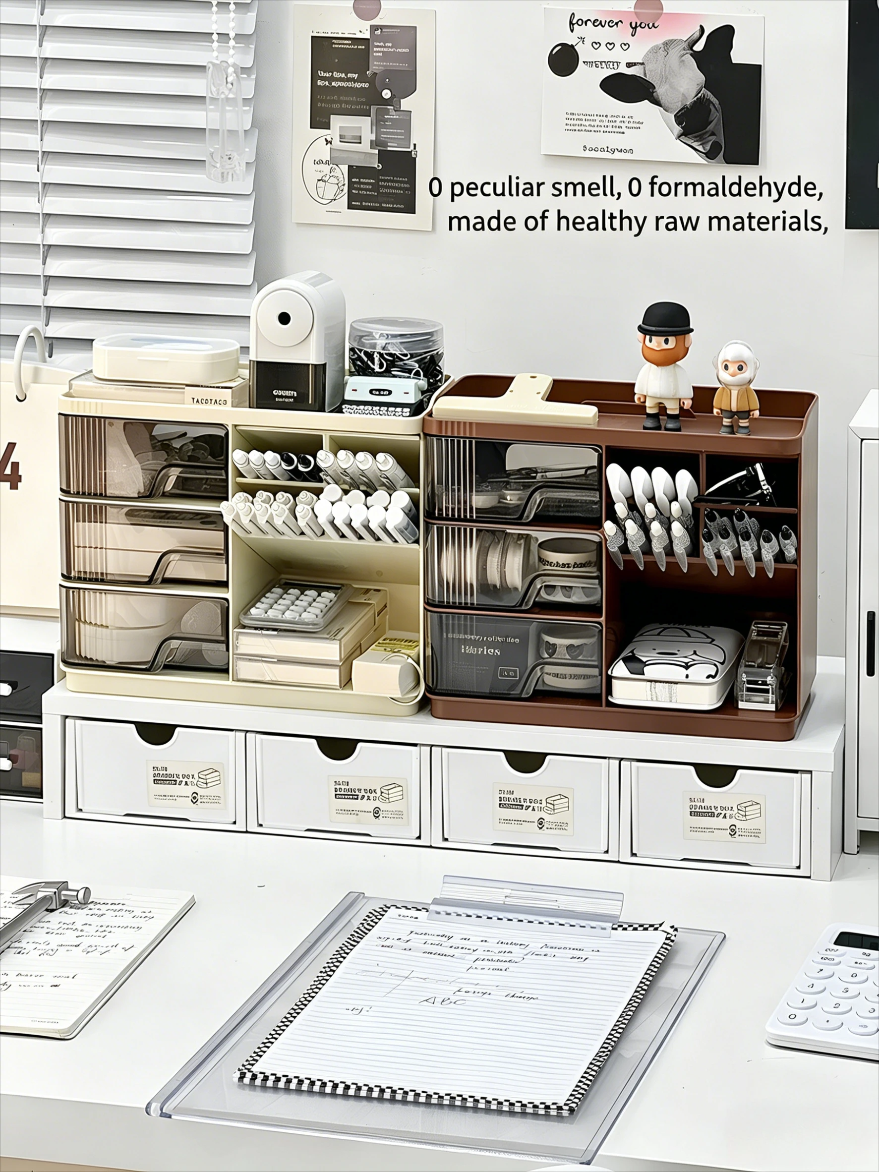 Organizer da Scrivania con Cassetto, Portapenne Inclinato, Scaffale Multifunzionale per Ufficio, Organizzatore di Cancelleria, Forniture per Studenti - immagine 2