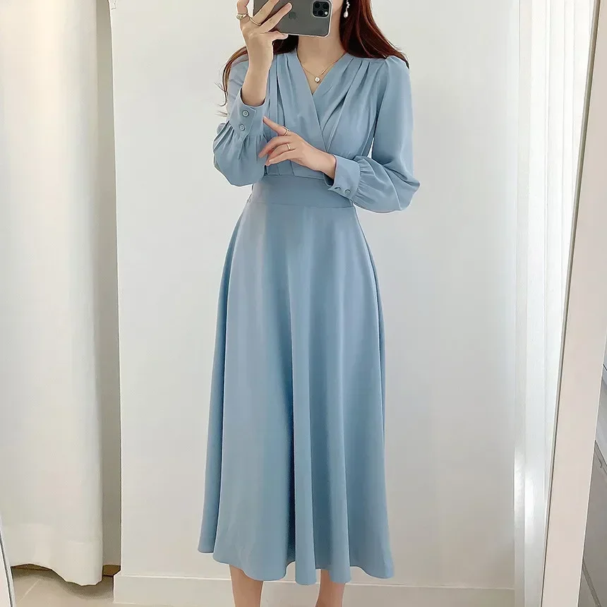 ロングワンピース パーティー V プリーツ ハイウエスト 韓国 org.jpg
