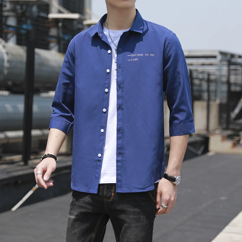 2024 Summer New Fashion Korean Men Shirt Loose Handsome Men's Shirt Three Quarter Sleeve Personality Square Collar T-Shirt