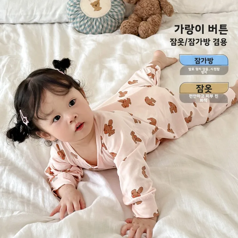 유니섹스 코튼 잠옷 수면 조끼 얇은 긴팔 후드 홈웨어 봄 가을용 편안하고 통기성 좋은 키즈 롬퍼