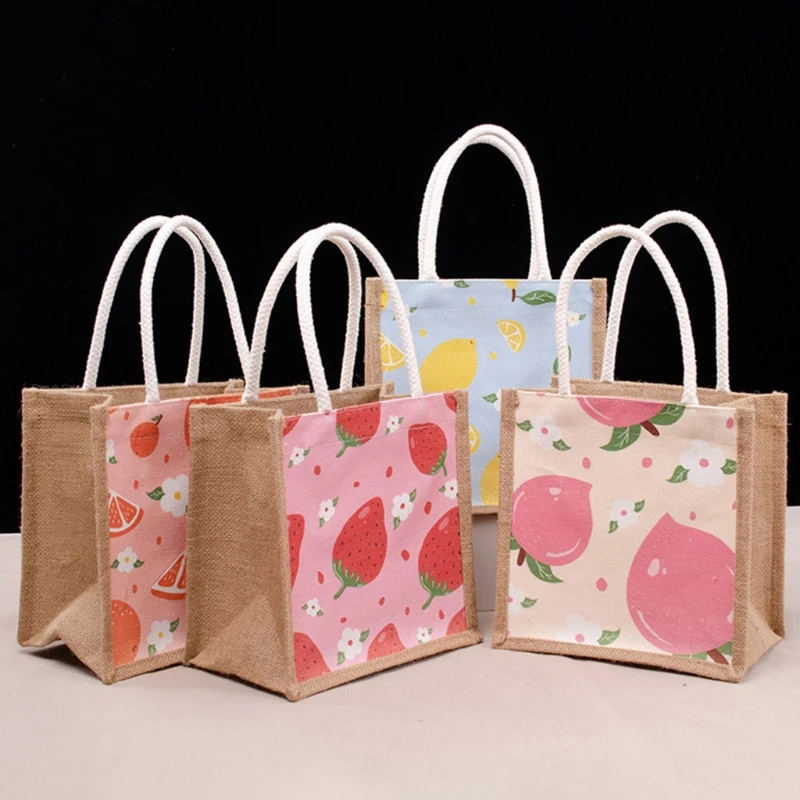 Fruit Printing Burlap Jute Tote Bags with Handles Wedding Bridesmaid Gift Bags Art Crafts Summer Beach Shopping Handbag Reusable