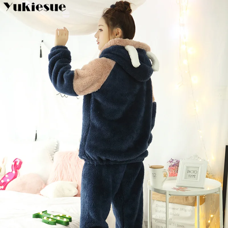 New Autumn Winter Women Flannel Pajamas Set Bear Hooded Pajamas Sleepwear Coral Fleece Thickened Warm Pyjamas Home Clothing