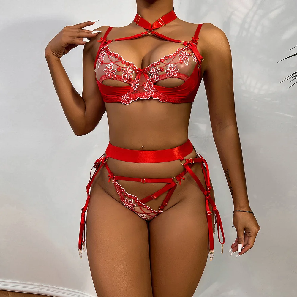 Yimunancy 3-Piece Lace Lingerie Set Women Cut Out 5 Colors Embroidery Floral Erotic Set Pink Bandage Sexy Brief Kit