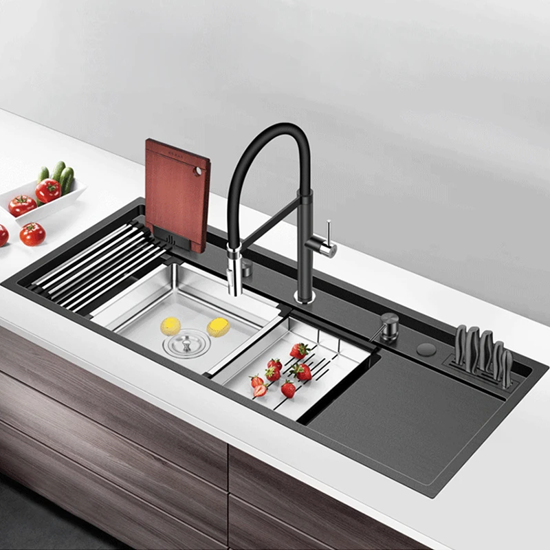 Nanometer Black Large Size Kitchen Sink 4mm Thickness 220mm Depth Step Handmade Sinks With Drain