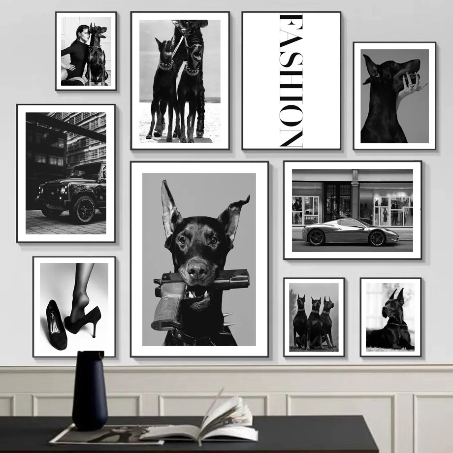 

Black White Doberman Luxury Car Sexy Girl Nordic Posters And Prints Wall Art Canvas Painting Vintage Pictures Living Room Decor