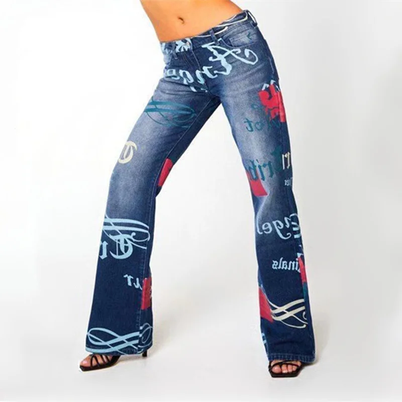 Y2K Print Denim Pants Women Casual Jaded High Street Female Jeans 2022 London Loose Trousers Women Low Rise Straight Jeans straight jeans