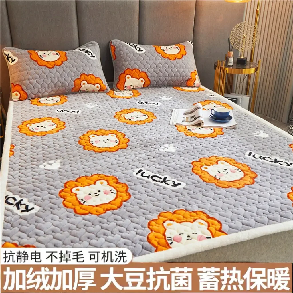 Thick Mattress Pad Warm Coral Fleece Bed Blanket Pads for Winter Solid Color Mattress Protector Cover for Double Beds
