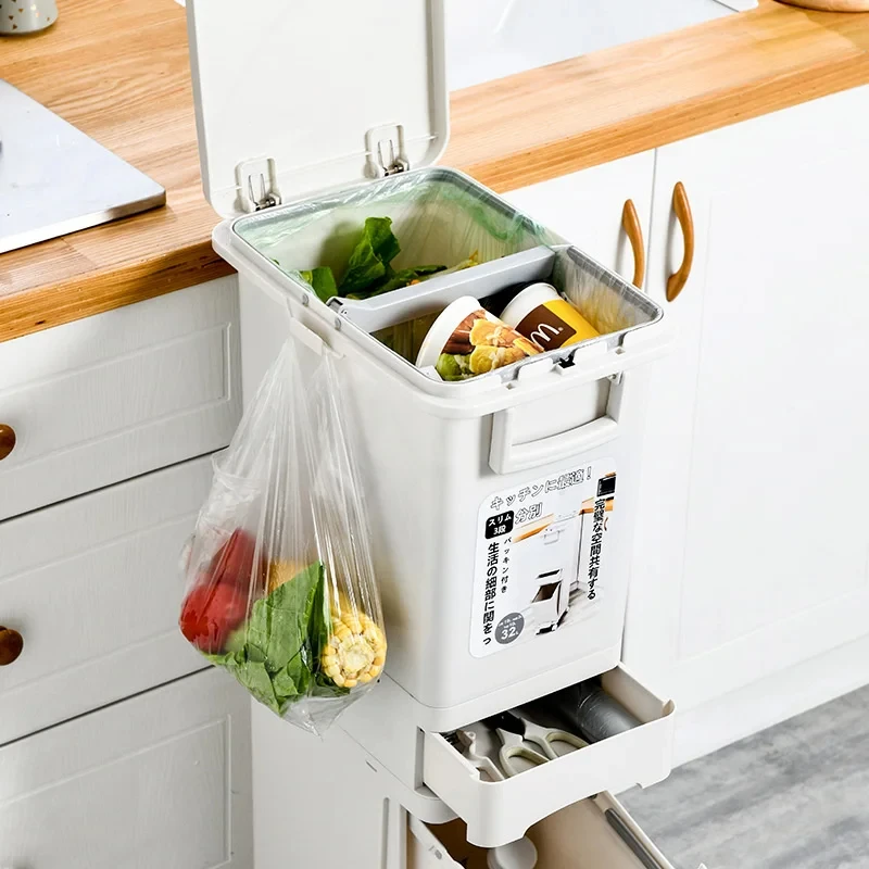 Simple Long Tube Trash Kitchen Double Partition Rubbish Bin Mobile Pulley Garbage Basket Dry And Wet Separation Trash Bucket