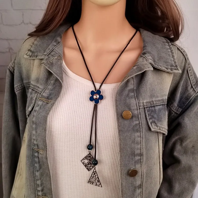 Vintage Bohemian Adjustable Length Cord Y Necklace with Geometric Hollow-out Metal Pendant for Women Perfect for Boho Chic Style