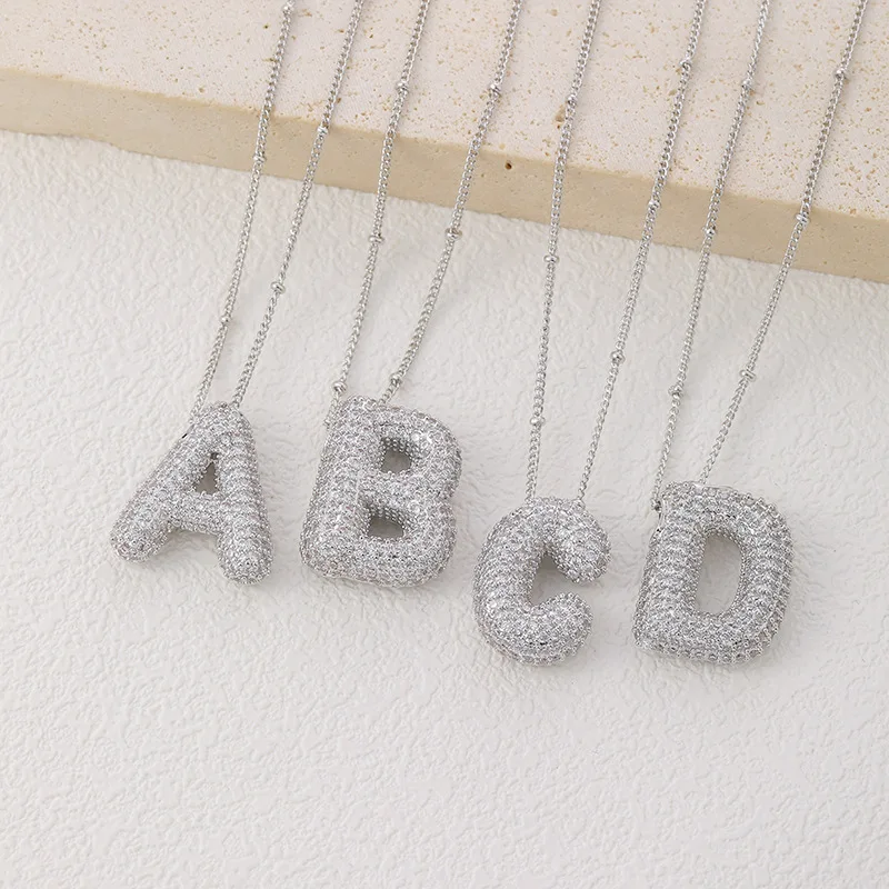 NEW A-Z Alphabet Pendant Cubic Zirconia Bubble Chunky Initial Letter Necklace for Women Stainless Steel Jewelry Birthday Gifts