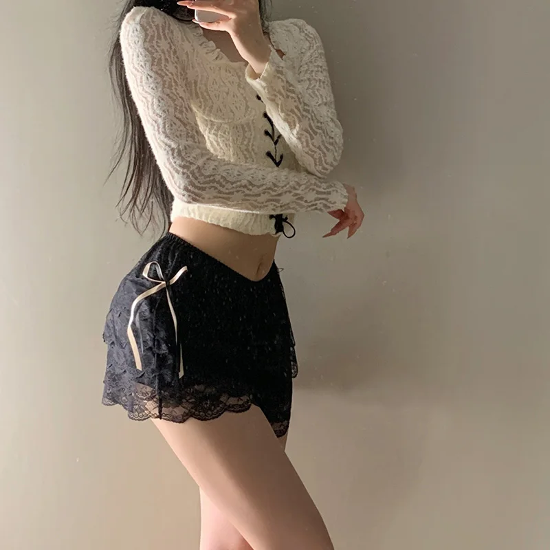 Cute Multilayer Shorts Women Ribbons Bows Elastic Waist Unsoft Lace Ruffles Bottoming Shorts for Sweet Girls Kawaii Clothes
