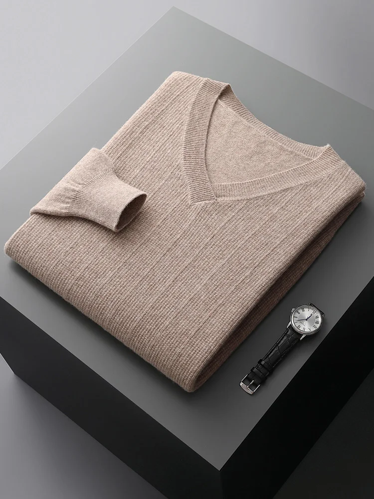 

High Quality 100% Merino Wool Men's Sweater Long Sleeve V-neck Knitted Pullovers Autumn Winter Business Casual Tops Loose Jumper