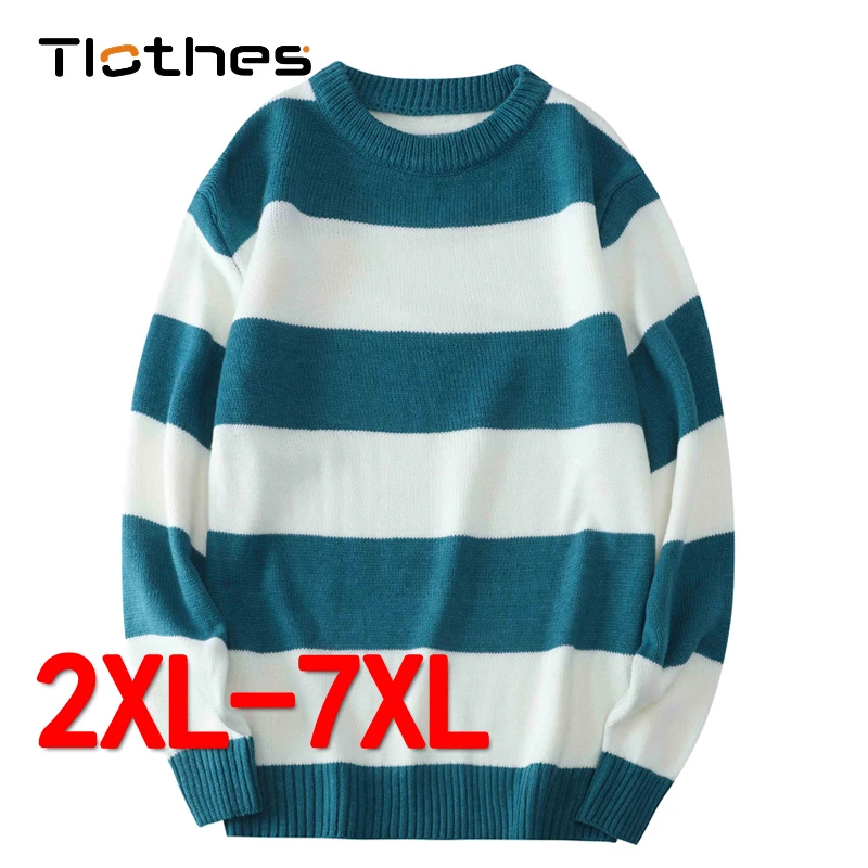 

Autumn Winter Japanese Knitted Sweaters Men Crew Neck Striped Sweater Streetwear Plus Size Warm Loose Pullovers Oversized Jumper