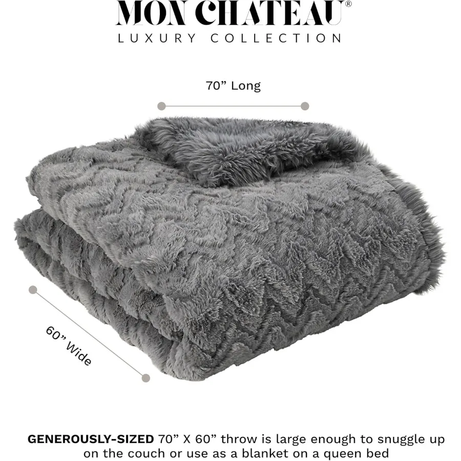 Luxurious Grey 3D Jacquard Faux Fur Throw Blanket for Couch Sofa or Bed Soft Reversible Plush Blanket Ideal for Sleeping Home R