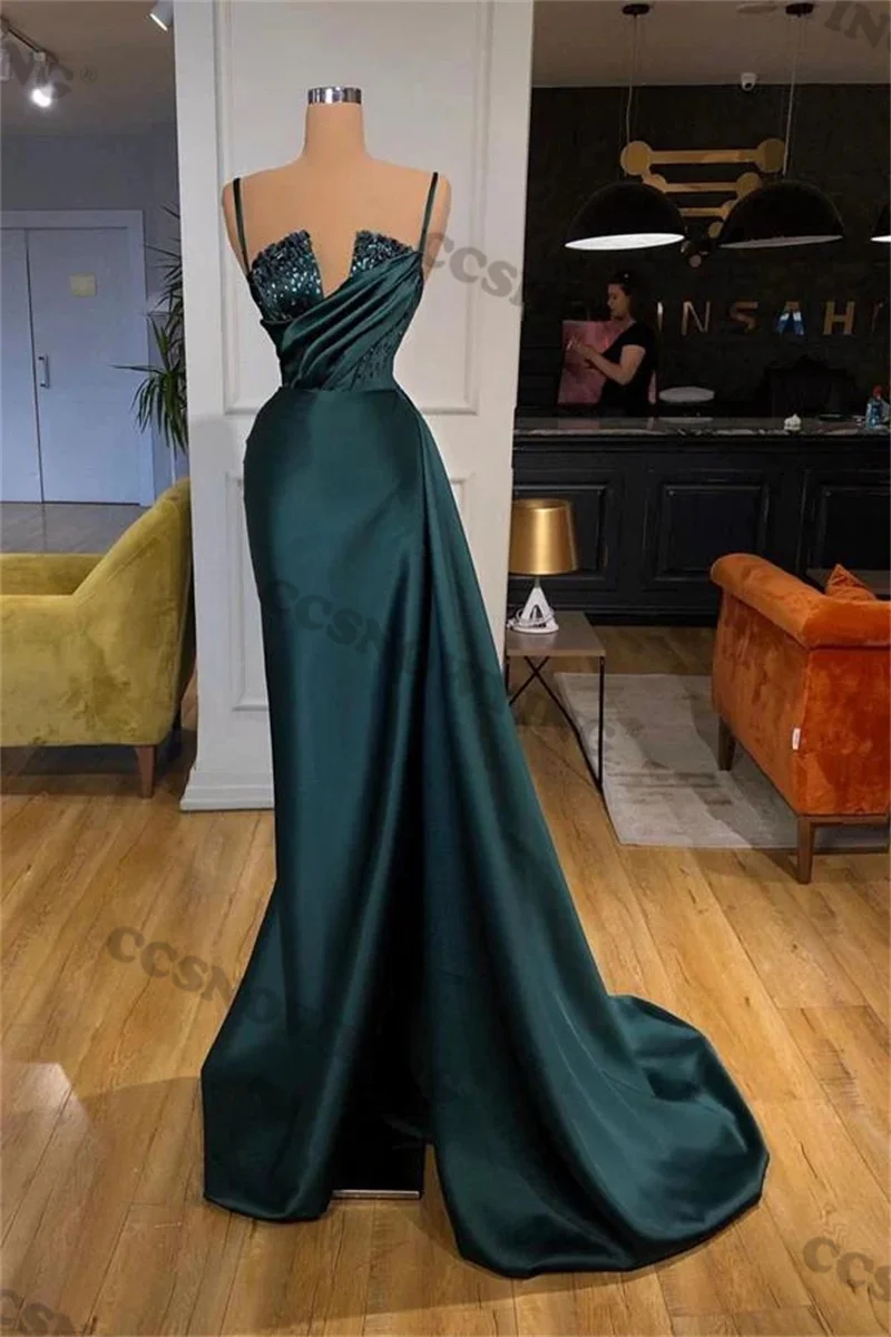 

Sexy Brand new dark green Spaghetti Strap Satin Formal Occasion Dresses Arabic Dubai Kaftan Evening Dress