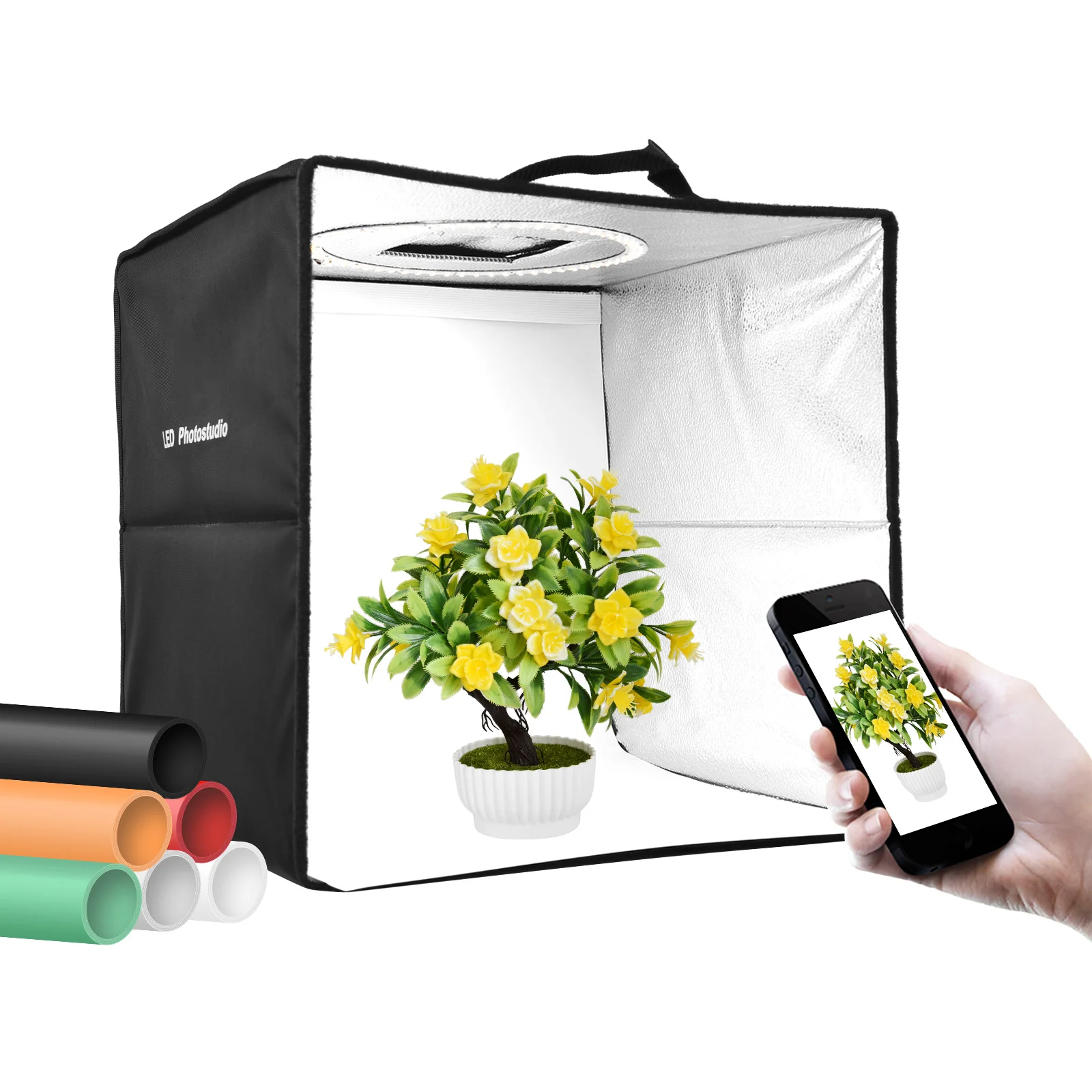 40cm/16inch LED Light Box Foldable Portable Tabletop Light Tent Bi-Color Temperature Adjustable Brightness with 6 Color Backdrop
