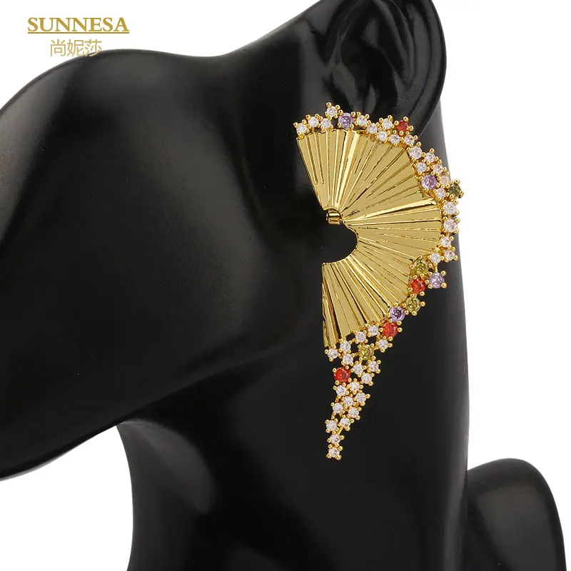 SUNNESA Luxury Colorful Zircon African Clip Earrings for Women Wedding Dubai Golden Fanshaped Big Earrings Bride Jewelry