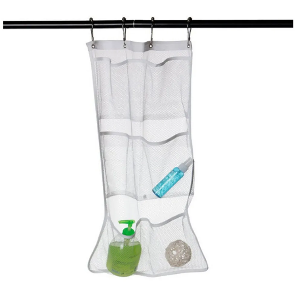 

Mesh Hanging Caddy Organizer with 6 Pockets Shower Curtain Rod Liner Hanging Storage Pockets Bathroom Hanger Holder