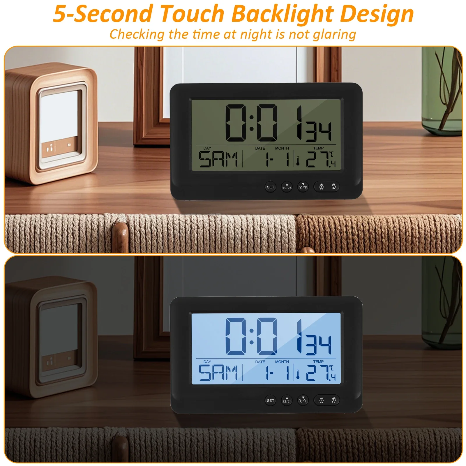 Battery-Powered LCD Digital Clock with Temperature and Date Display, Night Mode, and Alarm Function