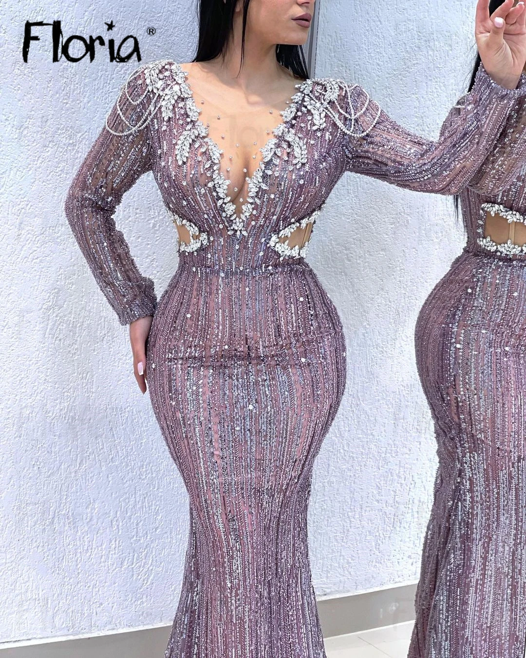 

Plus Size Long Sleeve Deep V Neck Evening Dress Mermaid Crystals Wedding Event Gowns Arabic Women Custom Made Robes De Soirée