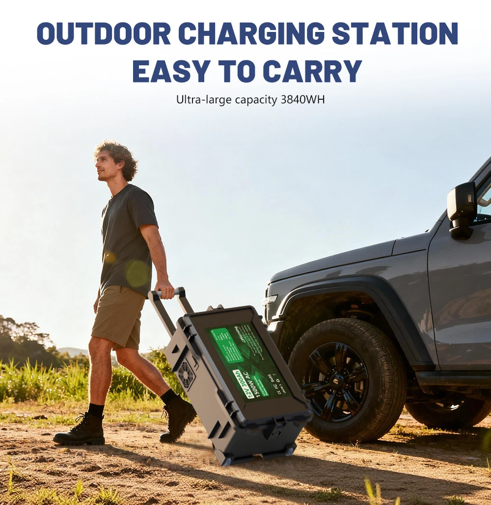 Batterie au lithium 12V 300Ah 3840Wh installée dans un camping-car, alimentant les appareils via onduleur 1500W