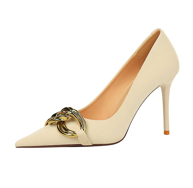 Women 7.5cm 9.5cm High Heels Escarpins Pumps Lady Metal Chain Low Heels Fetish Nightclub Slim Fit Party Green Office Prom Shoes