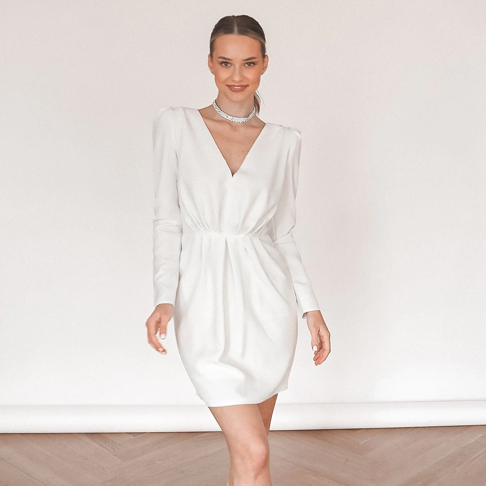 

Long Sleeve V Neck Prom Dress Mini Banquet Solid Color Celebrity Knee Length Vestidos De Festa