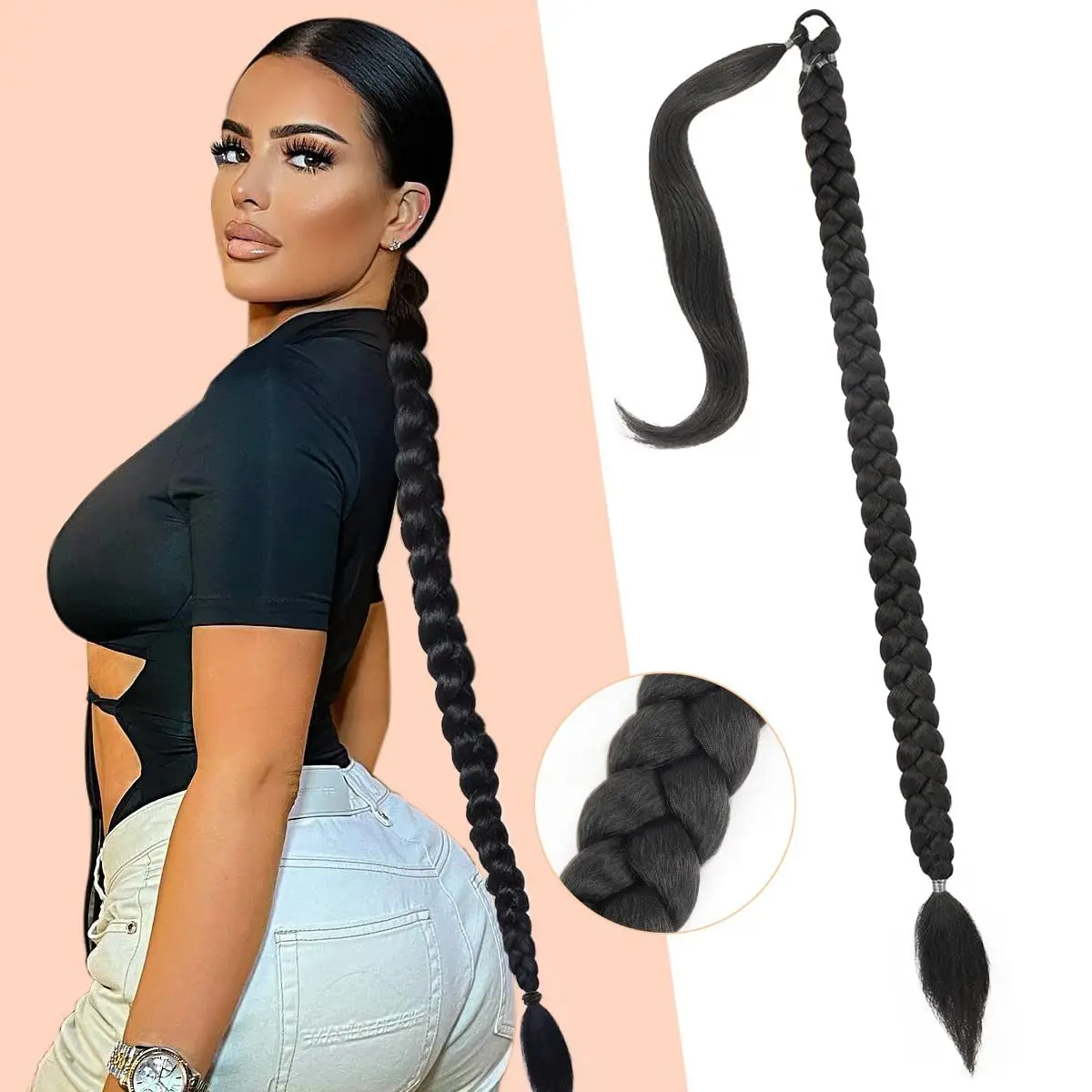 32인치 여성용 합성 롱 브레이드 포니테일 헤어 익스텐션, 블랙 브라운 포니테일, 헤어 로프 포함, 고온 섬유