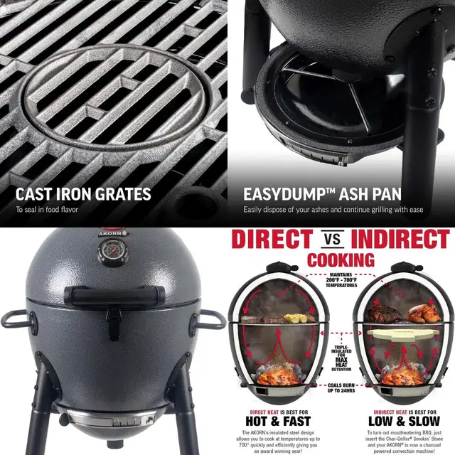 Portable Kamado Charcoal Grill & Smoker - AKORN Jr., Cast Iron Grates, Locking Lid, 155 Sq. In. Cooking Area, Model E86714 1