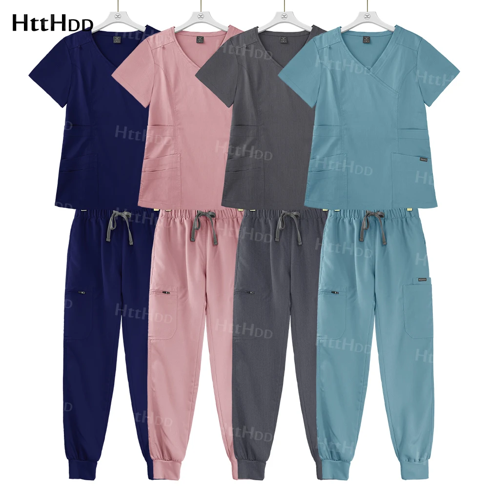 

Hospital Scrubs Uniform Clinic Doctor Multi-pockets Workwear Uniform for Women Wholesales Jogger Medical Suits V-neck Tops+pants