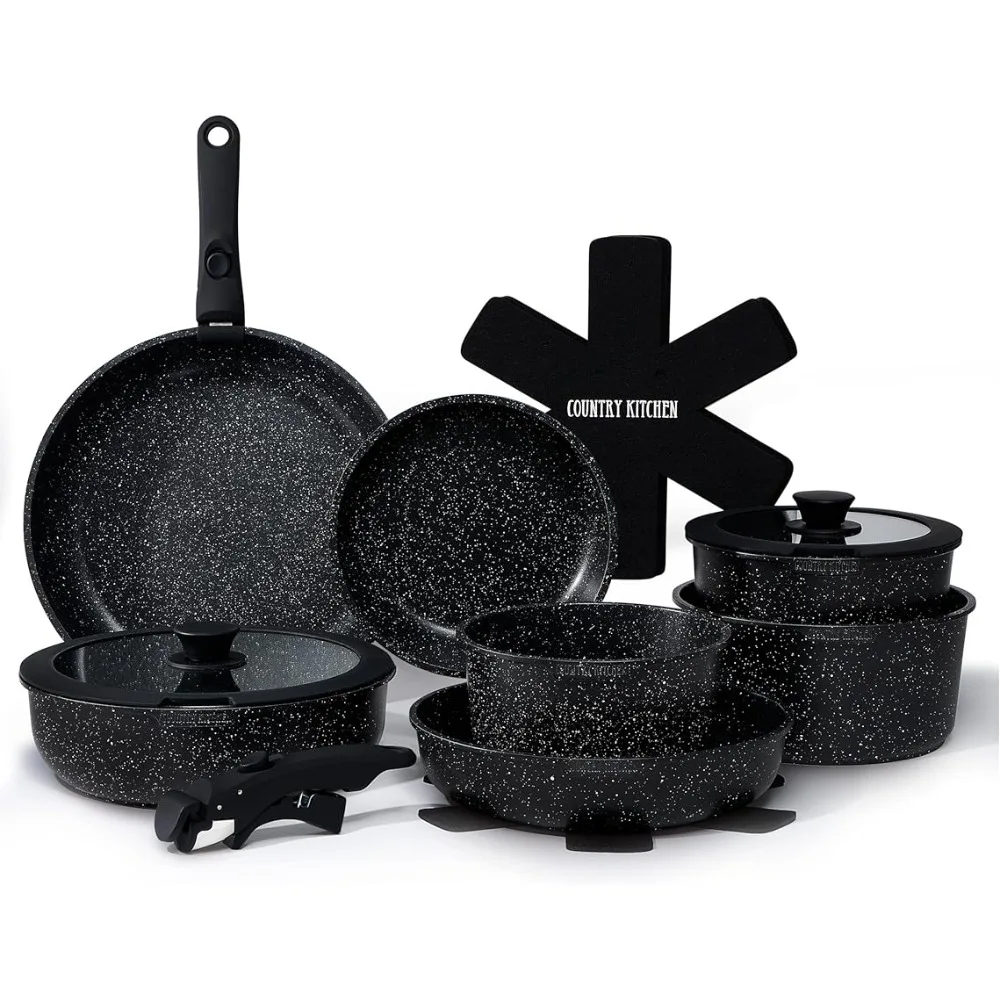 

RV Cookware Set Pan 15 Piece Pots and Pans Set - Safe Nonstick Kitchen Cookware With Removable Handle Cooking Pots Sets Saucepan