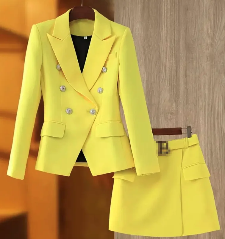 Harley Fashion Gorgeous Design Women 2PCS Blazer Suits Solid Color Summer Blue Skirt Twin Sets Mini Street Clothing for Lady