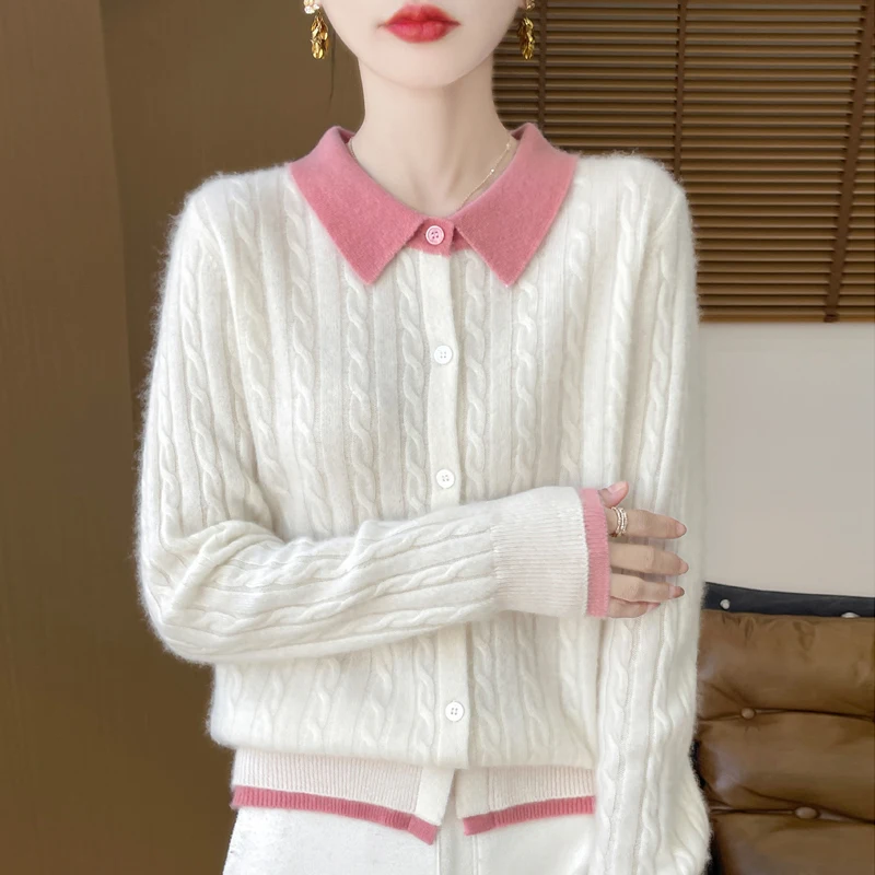 Autumn and winter new women's sweater 100% Merino wool lapel floral cardigan matching color fake two high-grade wind knit shirts 5