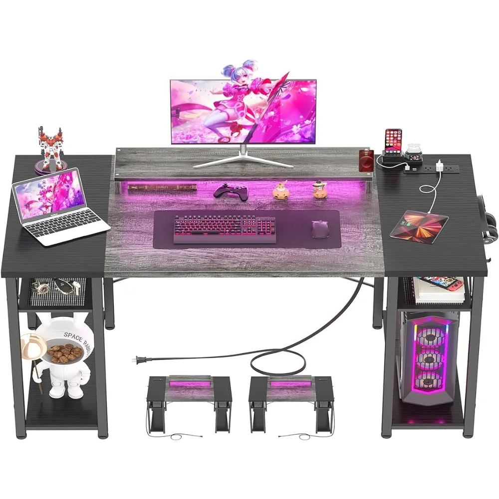 

Computer Desk with LED Lights, 48 Inch Reversible Large Desk with Power Outlet and USB, 48'' Gaming PC Table, Grey and Black