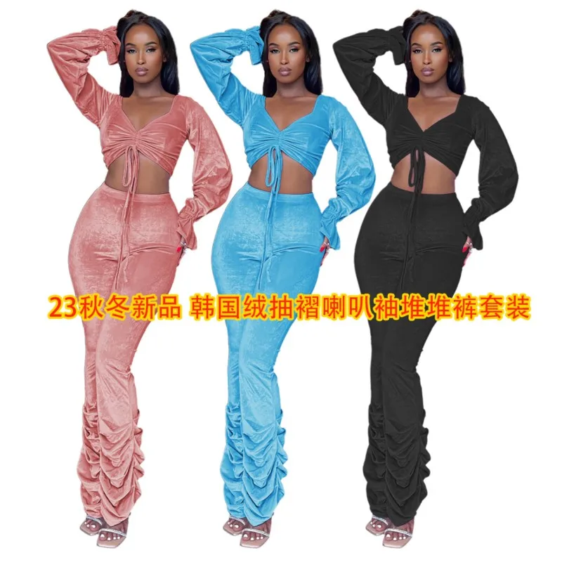 

Beach Outlet Women Swim Wear Clothes 2023 Beachwear New Korean Velvet Horn Long Sleeve Fold Pile Pants Sexy Suit Solid Polyester