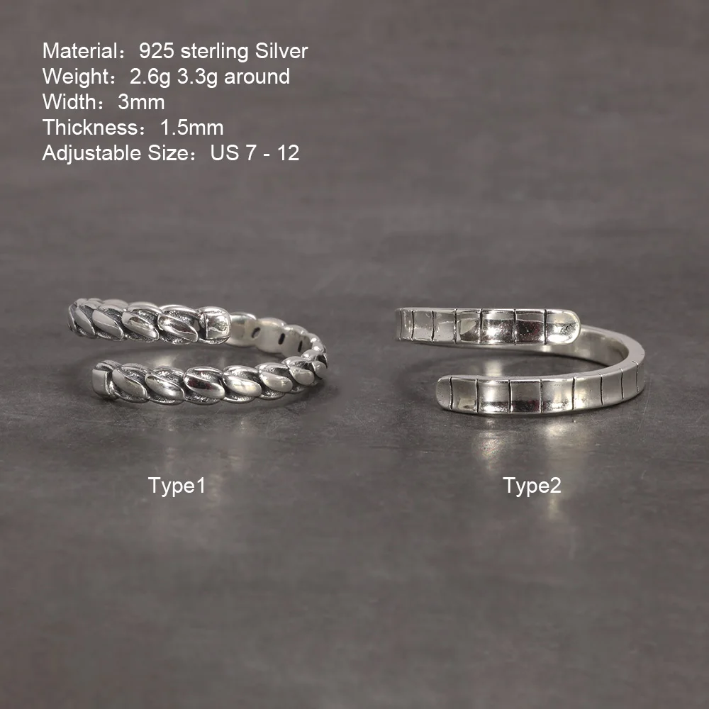 Real Sterling Silver Men s and Women s Braid Ring Retro Design Adjustable Simple Jewelry with