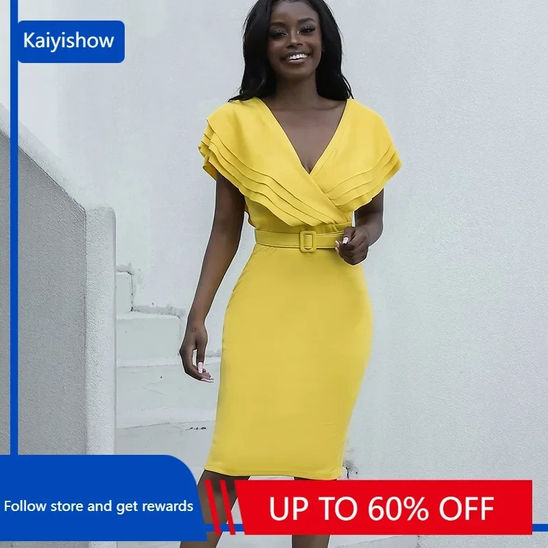 

Sexy Deep V-Neck Bodycon Midi Slim Slit Pencil Dress Women Summer Casual Solid Color Wrap Hip Office Party Business Work Dresses