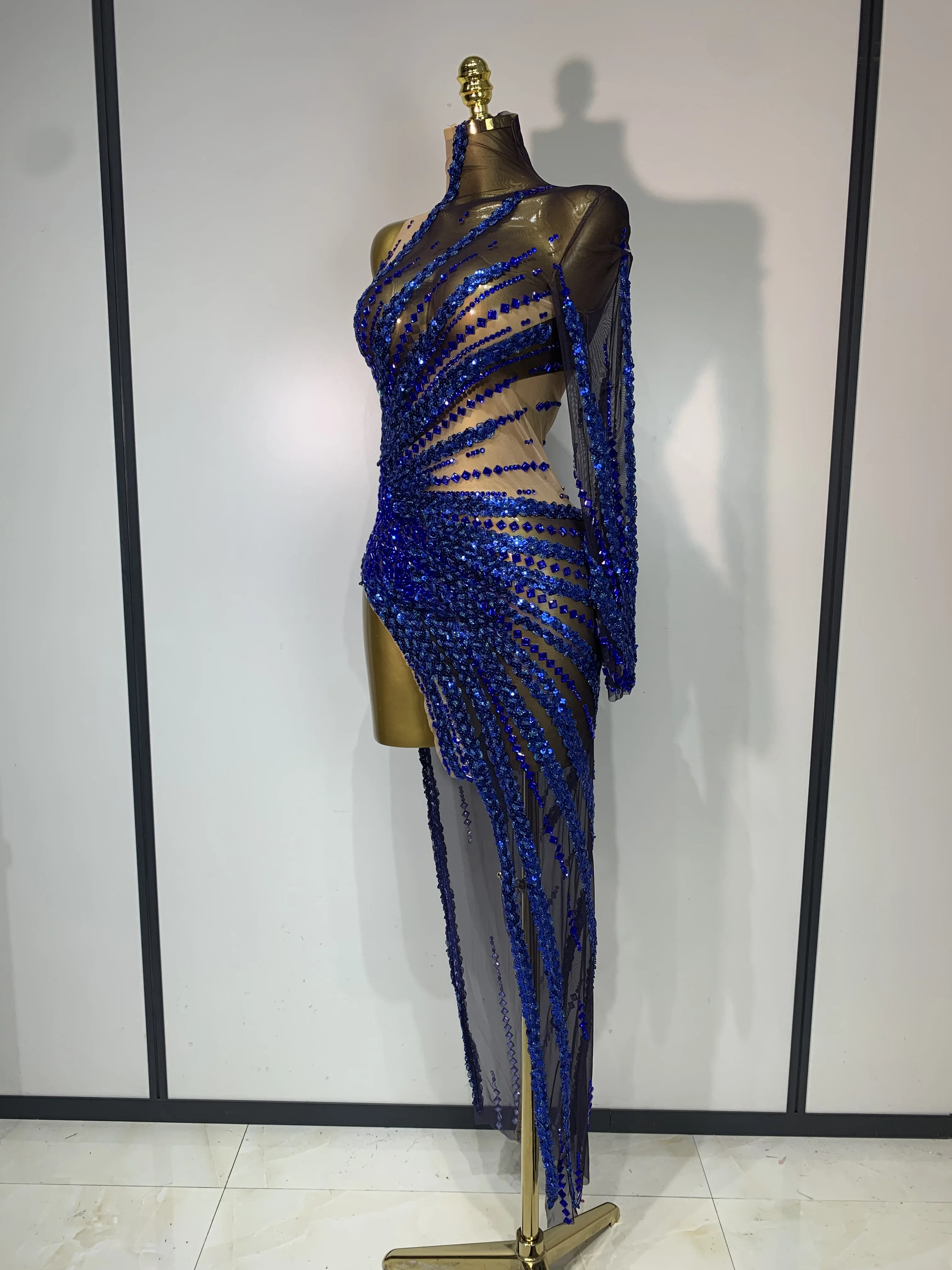 Sexy Red Mesh See Through Diamonds Sequins Dress Luxury Birthday Evening Party Costume Bar Nightclub Stage Performance Outfit
