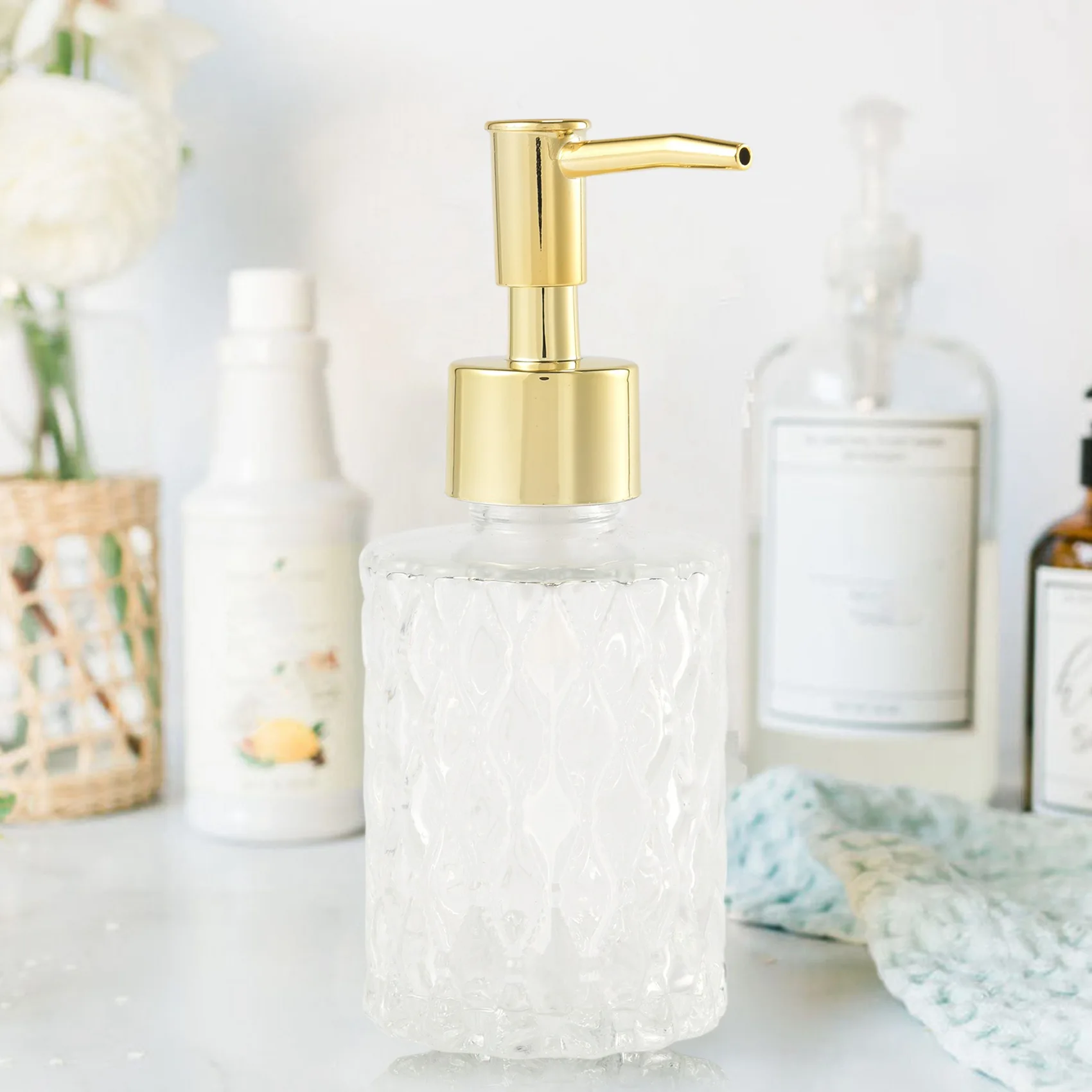 

Multipurpose Mesa Soap Dispenser Easy to Clean Glass Soap Pump Dispenser perfect for Kitchen and Bathroom (Gold)