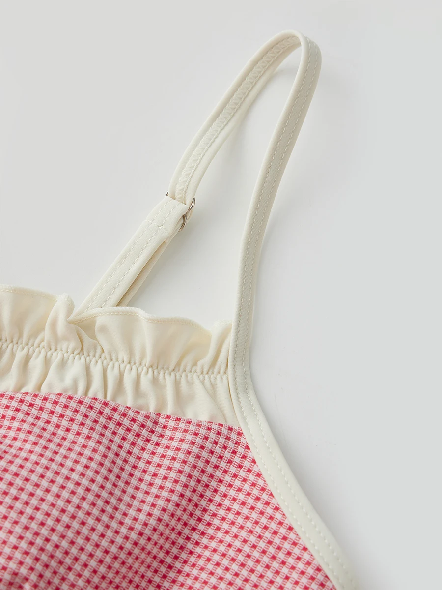 Women s Plaid Print Ruffle Sleeve Bikini Set with Padded Bra and Thong Bottoms for Beach or Pool Party Wear