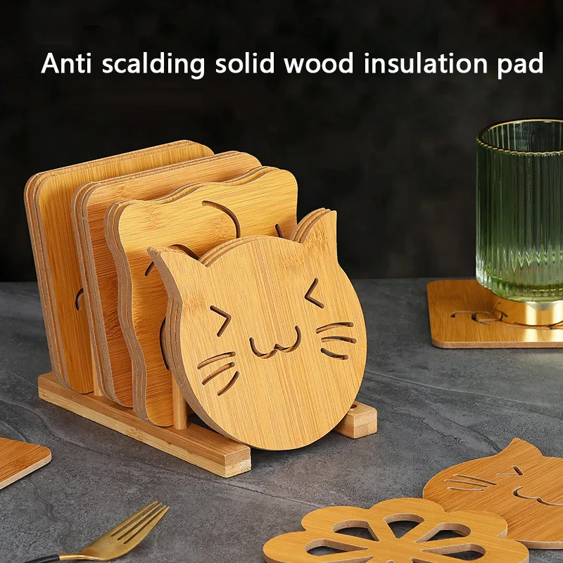 Cartoon Hollow Wooden Coaster Thickened Anti Scalding Heat Insulation Mat for Kitchen Tableware