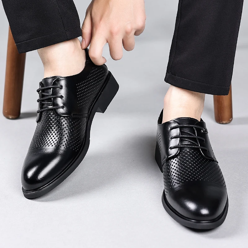 2024 Summer New Breathable Sleeves Perforated Leather Shoes Hollow out Men's Shoes Middle aged Dad Official Casual Business Sand